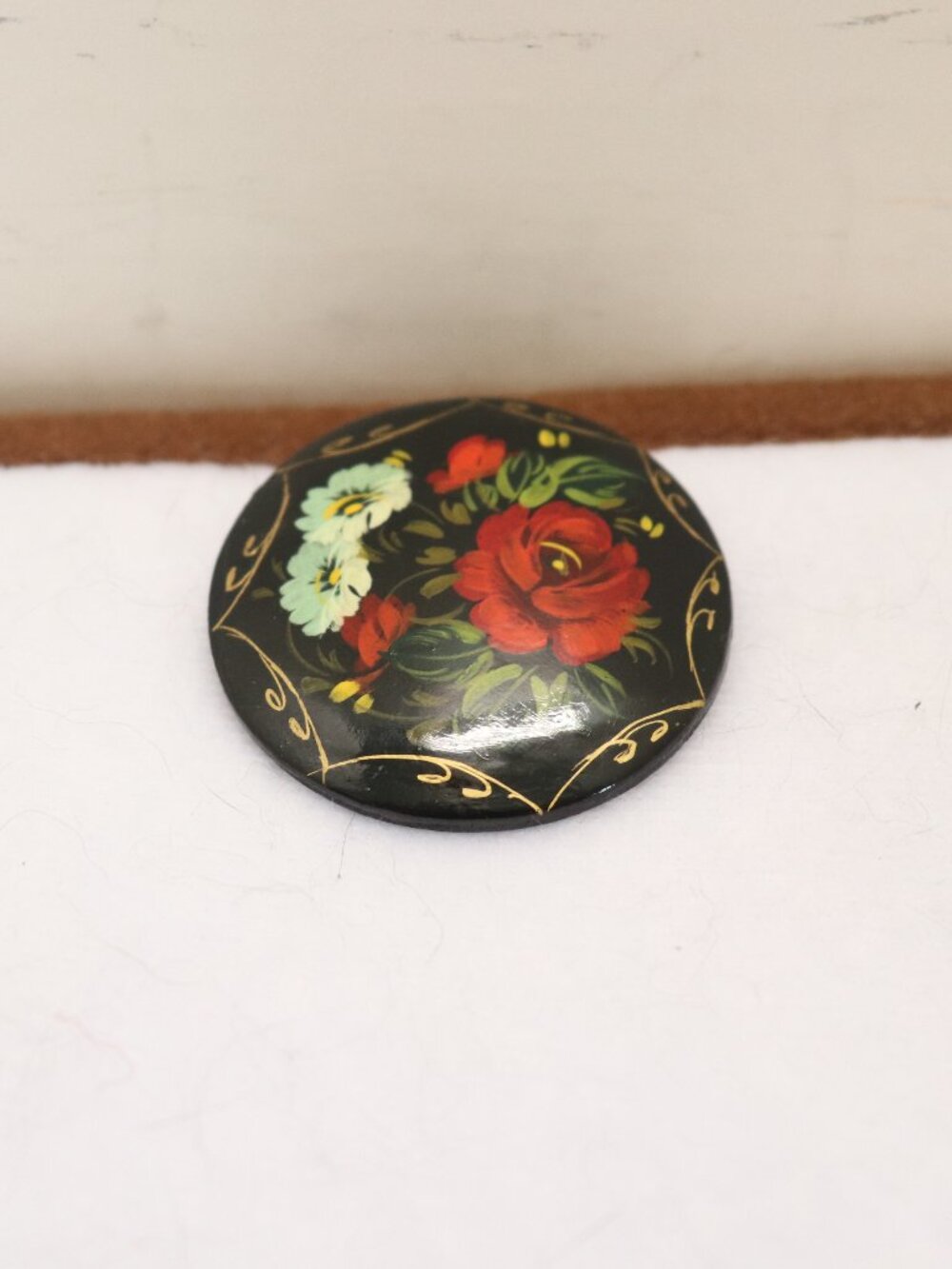 Vintage Women's Hand Painted Wooden Brooch of Flowers in White Box